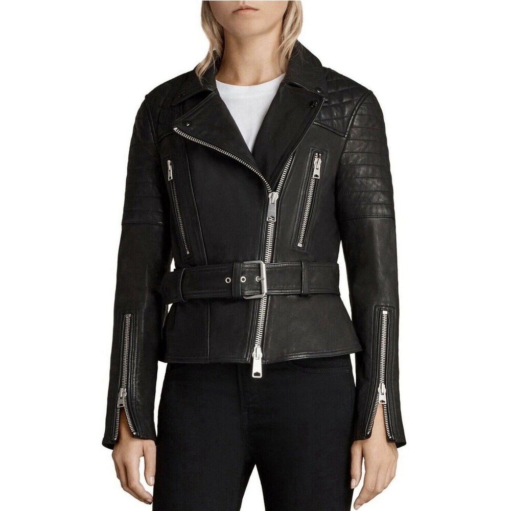 AllSaints Women’s Black Bryden Biker moto jacket Lamb Leather Sz UK 10 US 8 EU38